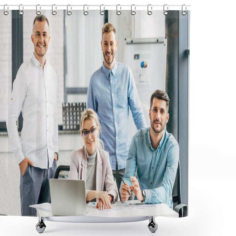 Personality  Professional Young Business Team Smiling At Camera While Working Together In Office Shower Curtains