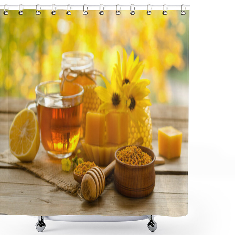 Personality  Still Life From Cup Of Tea , Lemon, Honey, Wax , Honeycombs And  Shower Curtains