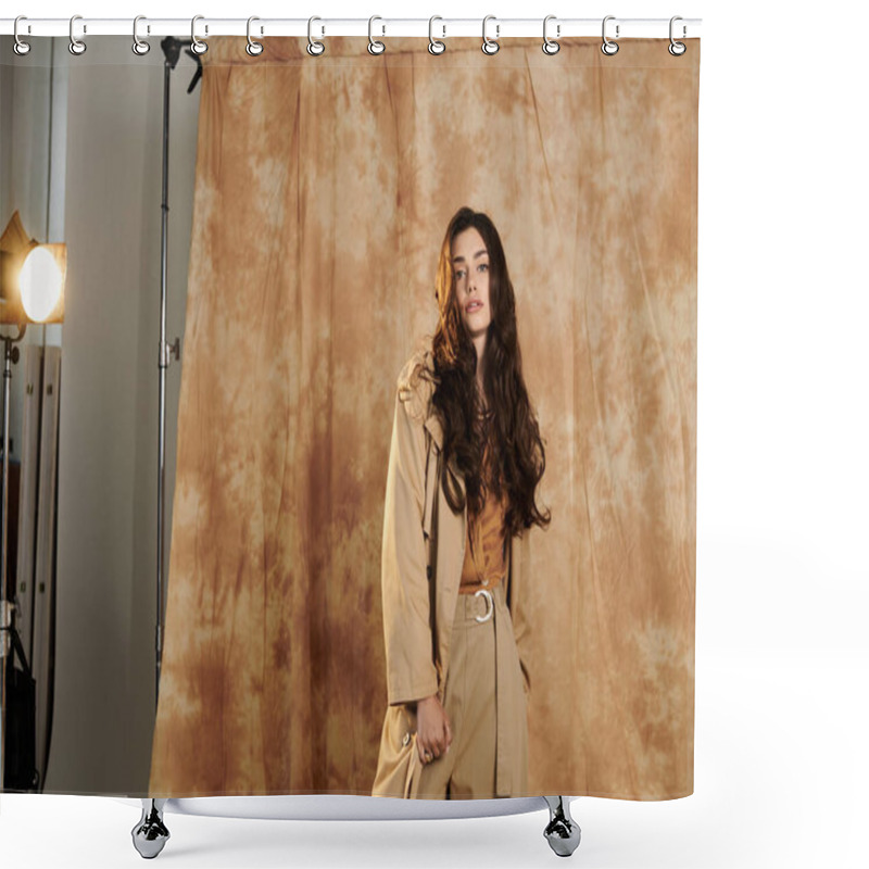 Personality  A Young Woman Poses Gracefully In A Chic Autumn Outfit, Exuding Confidence In A Warm Studio Atmosphere. Shower Curtains