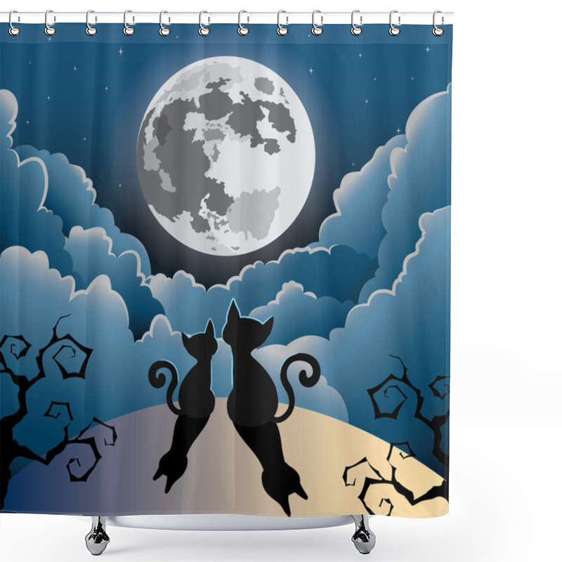 Personality  Silhouette Of Two Cute Kitty Cat Under The Full Moon Shower Curtains