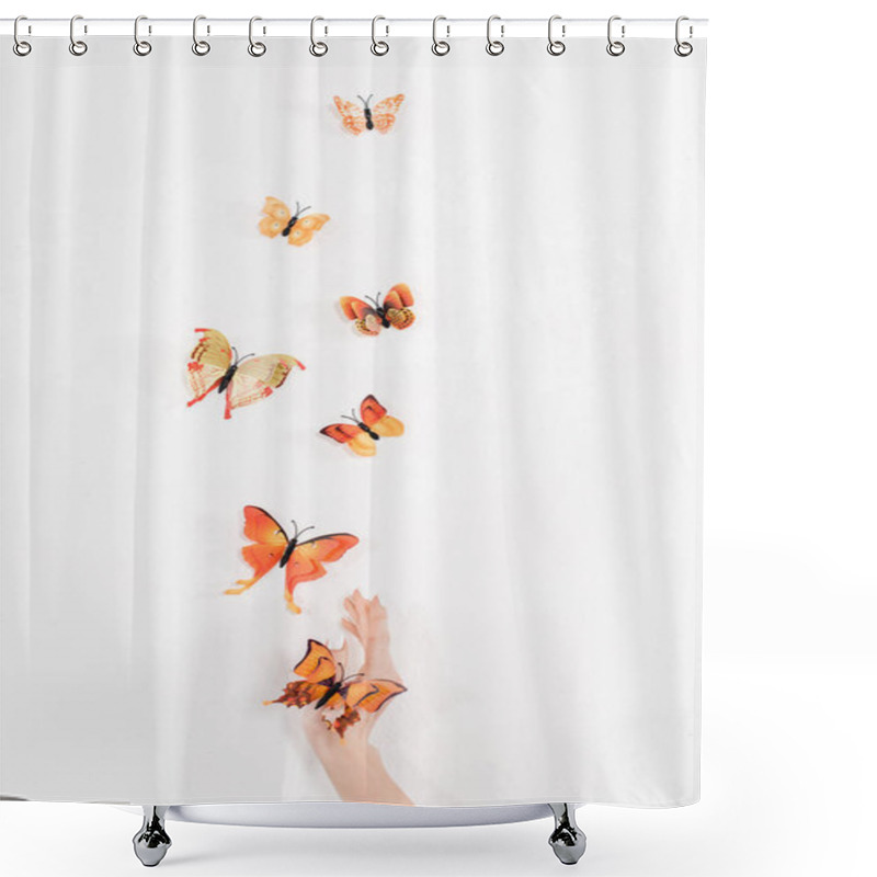 Personality  Cropped View Of Hand Near Orange Butterflies Flying On White Background, Environmental Saving Concept  Shower Curtains