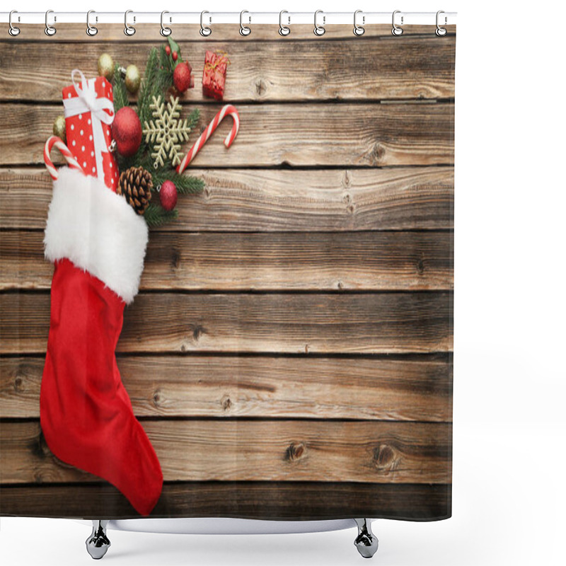 Personality  Red Stocking With Fir-tree Branches And Christmas Decorations On Wooden Table Shower Curtains