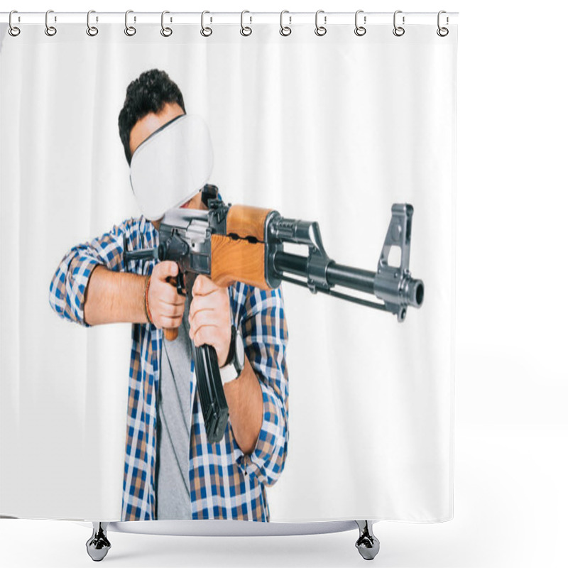 Personality  Man In Virtual Reality Headset With Rifle Shower Curtains