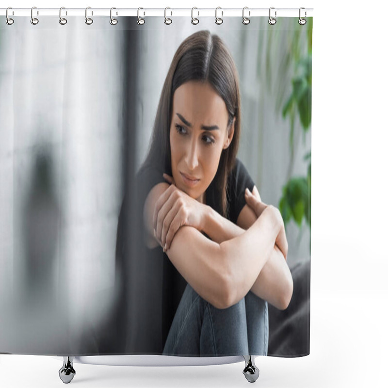 Personality  Selective Focus Of Crying Young Woman Suffering From Depression While Sitting With Crossed Arms And Looking Away Shower Curtains