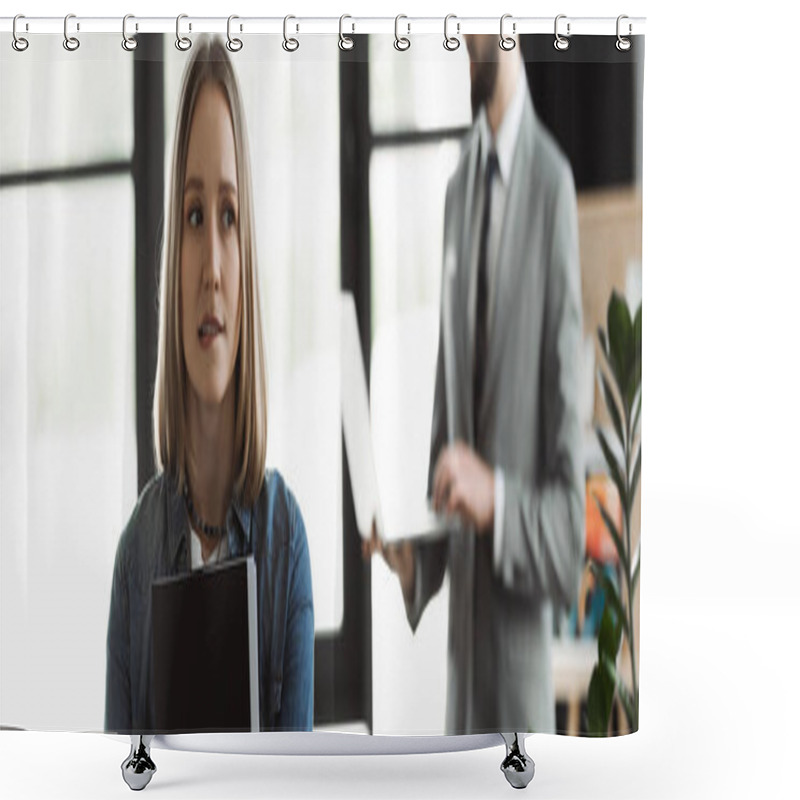 Personality  Tensed Woman Holding Resume During Job Interview In Office, Banner  Shower Curtains