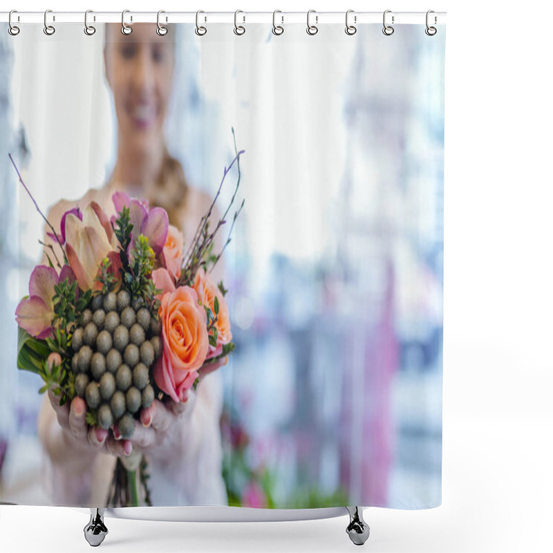 Personality  Woman Hands Holding Beautiful Flowers Bouquet.  Florist With Her Work. People, Business, Sale And Floristry Concept. Young Florist Holding In Her Hands Freshly Made Blossoming Flower Bouquet Shower Curtains