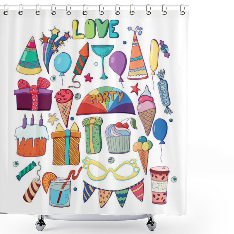 Personality  Cute Holiday Illustration. Vector Hand Drawn Set. Cakes, Cupcake Shower Curtains