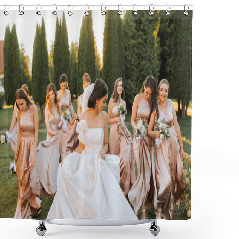 Personality  Beautiful Elegant Slim Smiling Bridesmaids In Delicate Pink Beige Summer Dress On The Wedding Ceremony. Shower Curtains