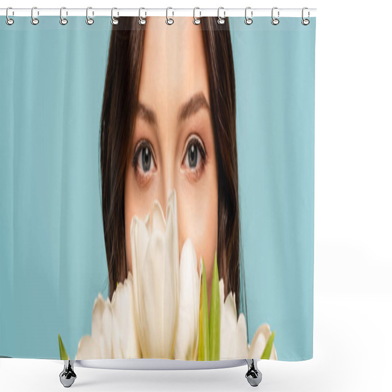 Personality  Panoramic Shot Of Young Woman Enjoying Flavor Of White Tulips While Looking At Camera Isolated On Blue Shower Curtains