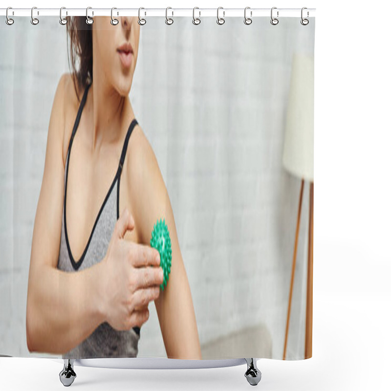 Personality  Cropped View Of Young Woman In Sportswear Massaging Arm With Manual Massage Ball While Standing At Home, Balancing Energy And Holistic Healing Concept, Banner, Myofascial Release Shower Curtains