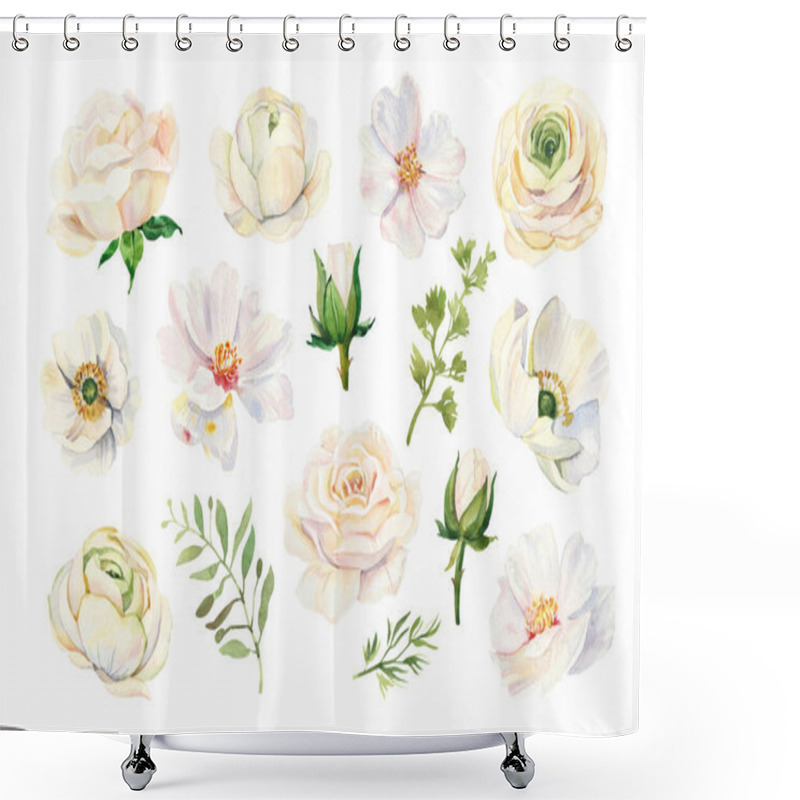 Personality  Watercolor White Wedding Peonies And Ranunculus Flowers DIY Individual Element. Hand Painted Realistic Botanical Illustration Isolated On White Background For Cards, Invitations And Posters Shower Curtains