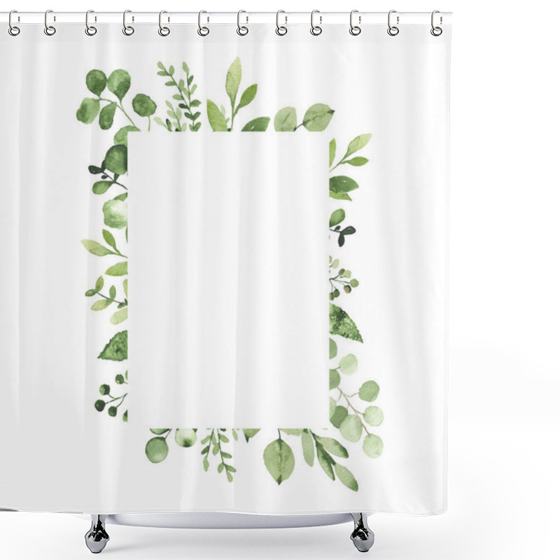 Personality  Watercolor Geometrical Frame With Greenery Leaves Branch Twig Plant Herb Flora Isolated On White Background. Botanical Spring Summer Leaf Decorative Illustration For Wedding Invitation Card Shower Curtains