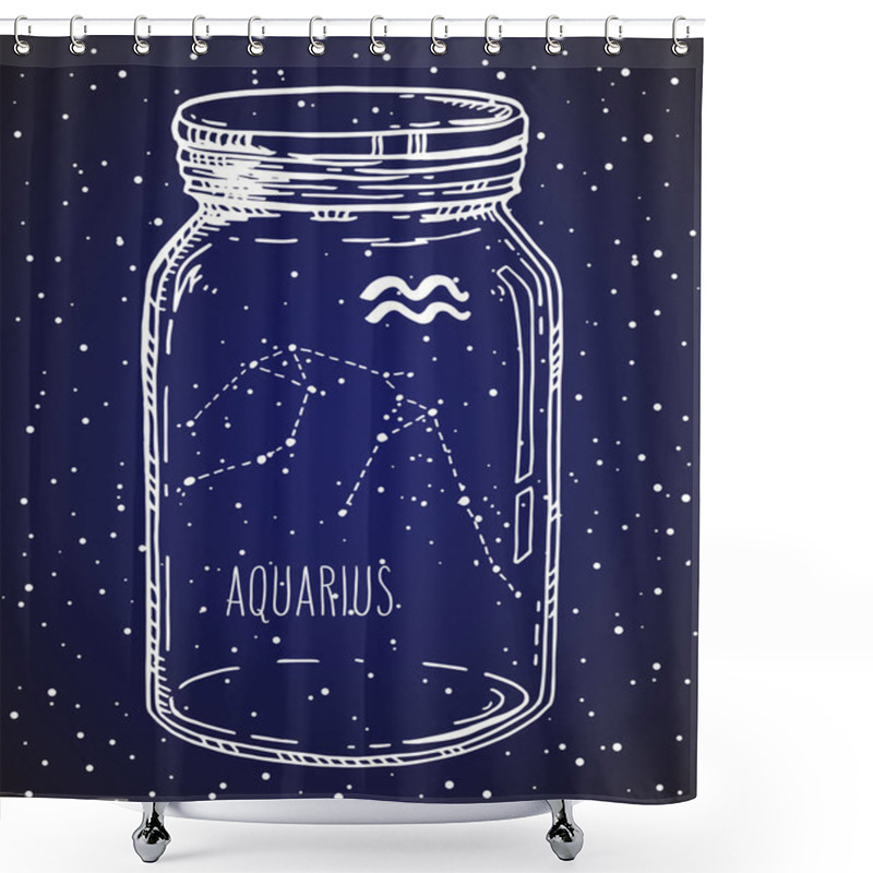 Personality  Aquarius Hand Drawn Zodiac Sign Constellation In A Mason Jar. Vector Graphics Astrology Illustration. Western Horoscope Mystic Symbol Over Starry Night Sky. Shower Curtains