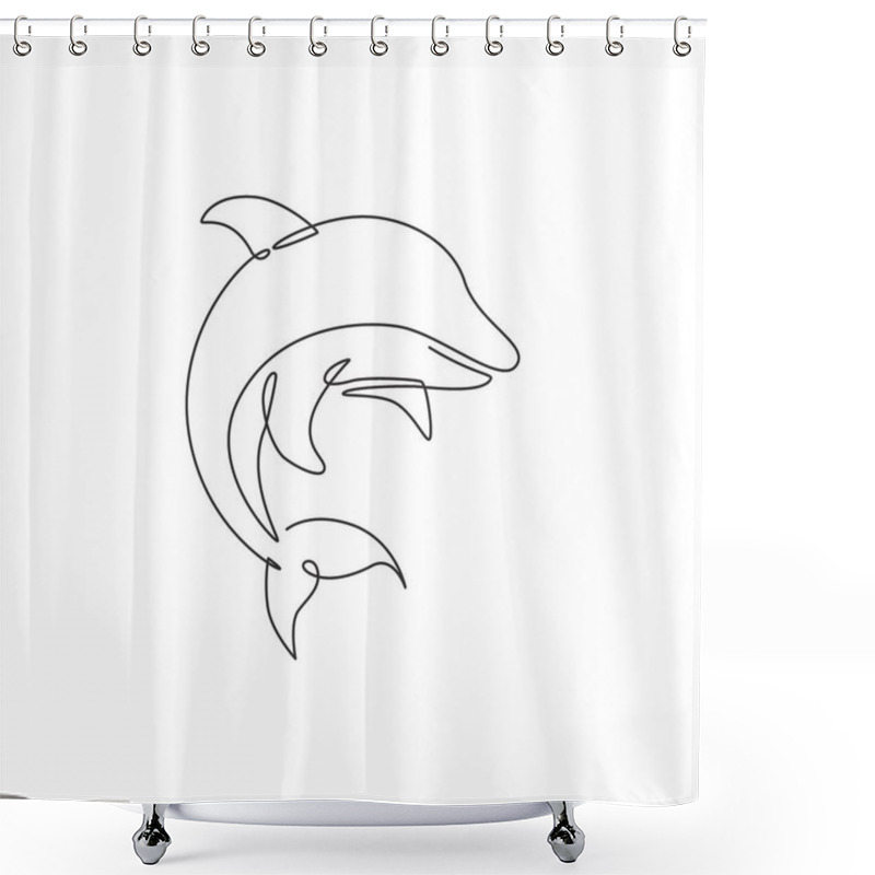 Personality  Single Continuous Line Drawing Of Friendly Cute Dolphin For Underwater Life Aquarium Logo Identity. Wild Sea Mammal Animal Concept For Circus Mascot. One Line Draw Vector Design Graphic Illustration Shower Curtains