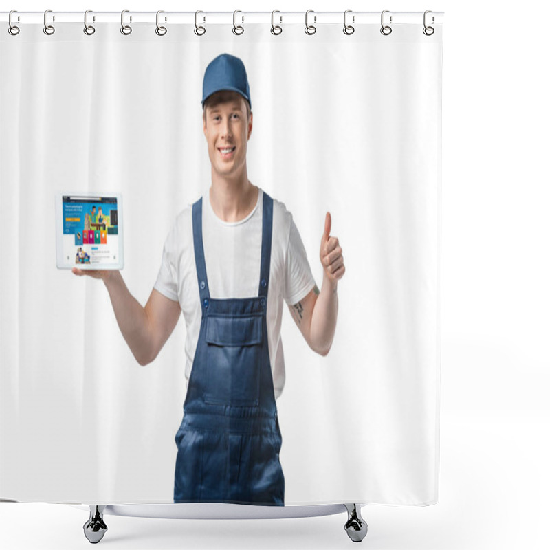 Personality  Handsome Smiling Mover Showing Thumb Up And Presenting Digital Tablet With Amazon App On Screen Isolated On White Shower Curtains