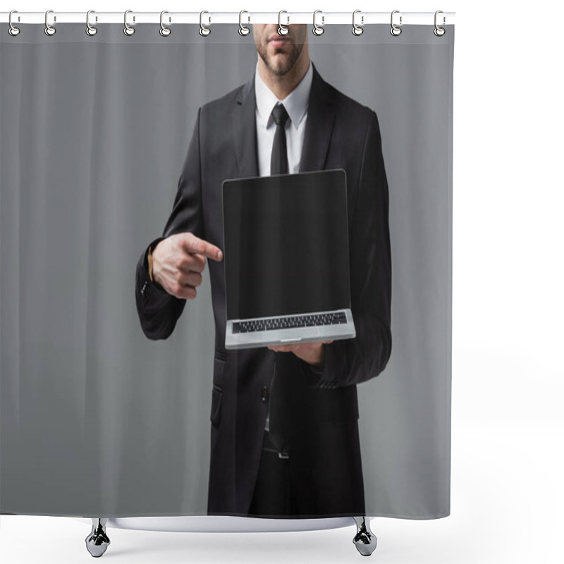 Personality  Cropped View Of Manager In Formal Wear Pointing At Laptop With Blank Screen Isolated On Grey Shower Curtains