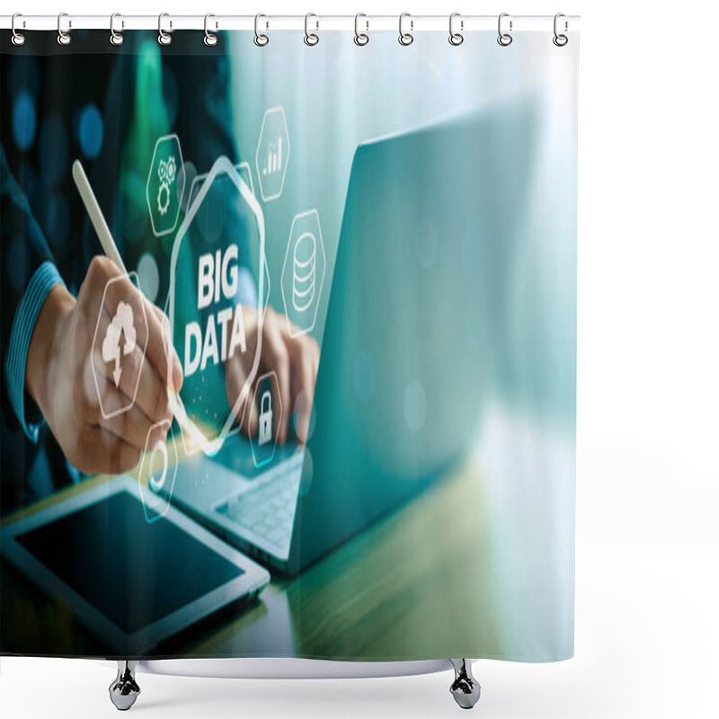 Personality  Businessman Interacting With Big Data Icons On Virtual Screen Representing Data Analysis, Cloud Storage, Security, And Technology For Business Intelligence And Digital Transformation Shower Curtains