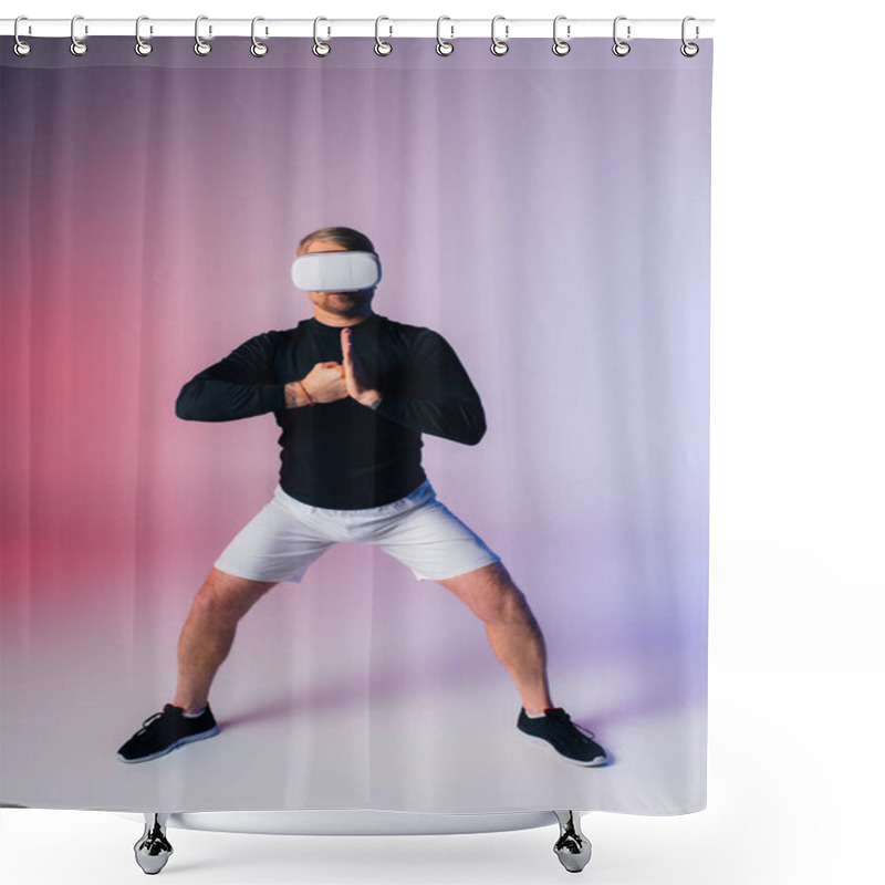 Personality  A Man Wearing A Vr Stands In Front Of A Pink And Blue Background, Lost In A World Of Imagination And Dreams. Shower Curtains