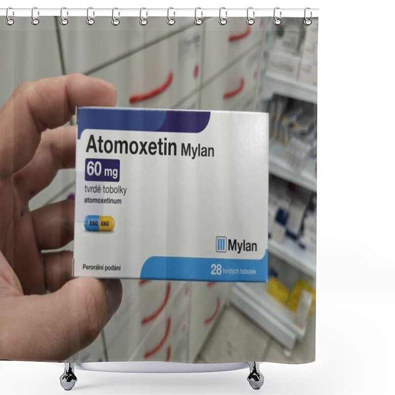 Personality  Prague, Czech Republic - July 9 2024: Atomoxetin Mylan Box Of Medication With Atomoxetine Active Substance By Mylan, Used For Treatment Of ADHD, Attention Deficit Hyperactivity Disorder, Impulse Contr Shower Curtains