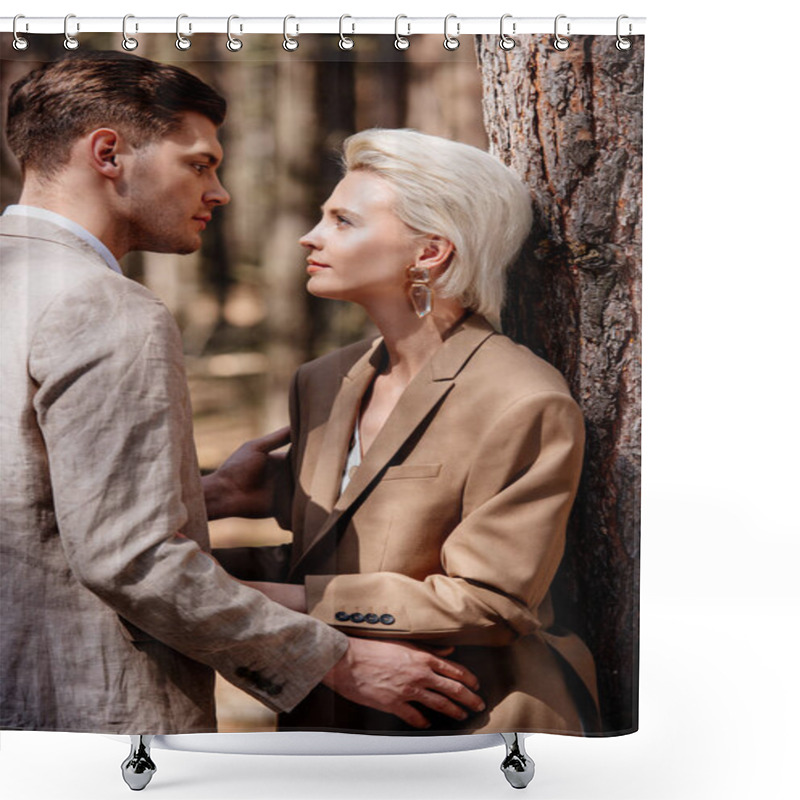 Personality  Stylish Couple In Formal Wear Looking At Each Other In Forest Shower Curtains