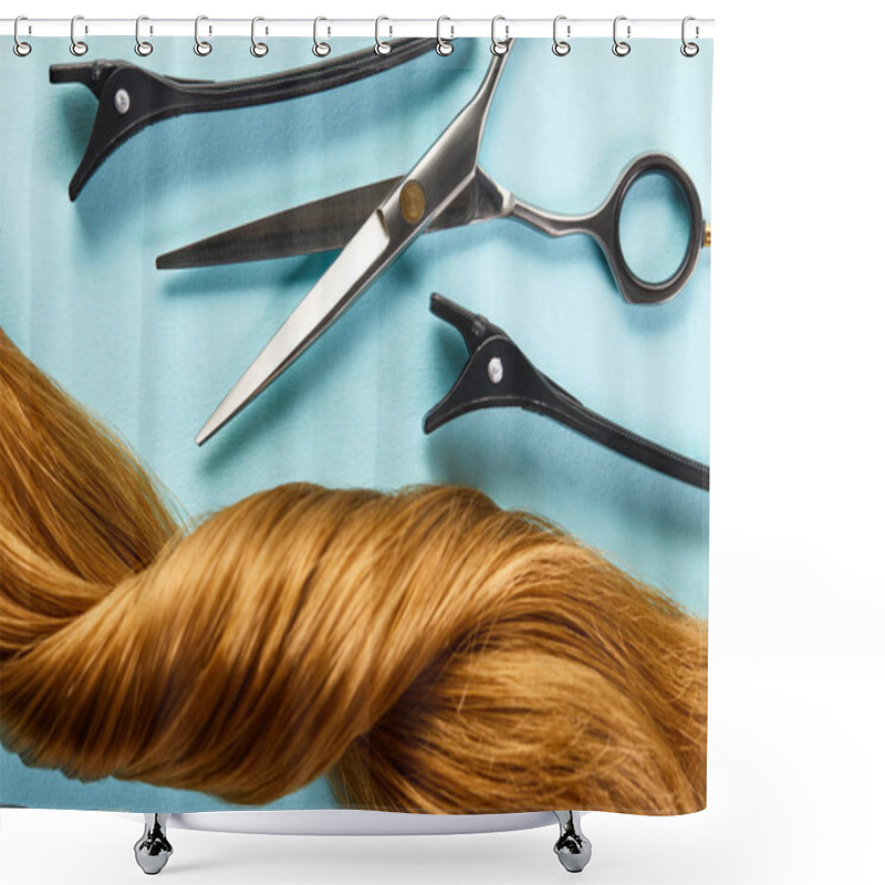 Personality  Top View Of Clamps And Scissors With Twisted Brown Hair On Blue Background Shower Curtains