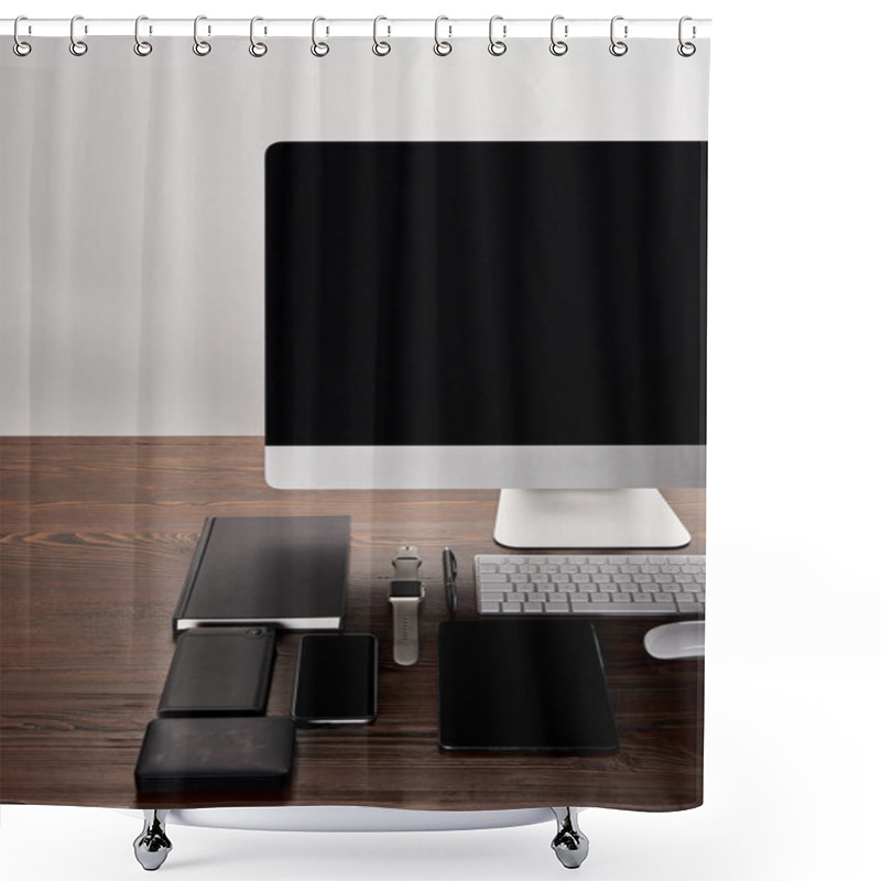 Personality  Monoblock Computer With Various Devices On Wooden Table Isolated On Grey Shower Curtains