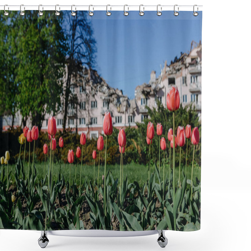 Personality  Red Tulips On The Background Of The Damaged Hotel Ukraine In The Ukrainian City Of Chernihiv Near Kiev In Northern Ukraine In 2022. Shower Curtains