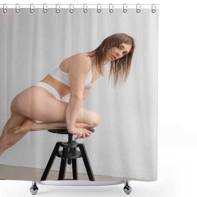 Personality  A Woman Posing In White Lingerie On A Black Chair In A Minimalistic Studio With A Sophisticated Presence Shower Curtains