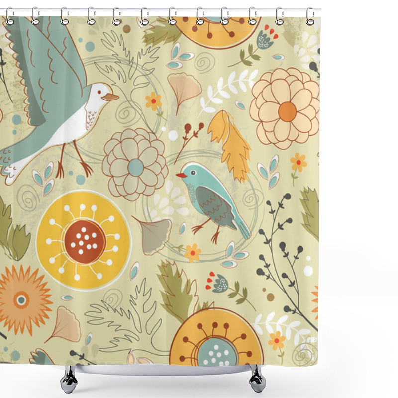 Personality  Autumn Pattern With Birds, Flowers And Leaves Shower Curtains