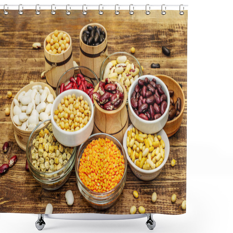 Personality  Set Of Various Dry Legumes In Bowls, Indispensable Protein For A Healthy Lifestyle. Assorted Different Types Of Beans. Wooden Table Background, Close Up Shower Curtains