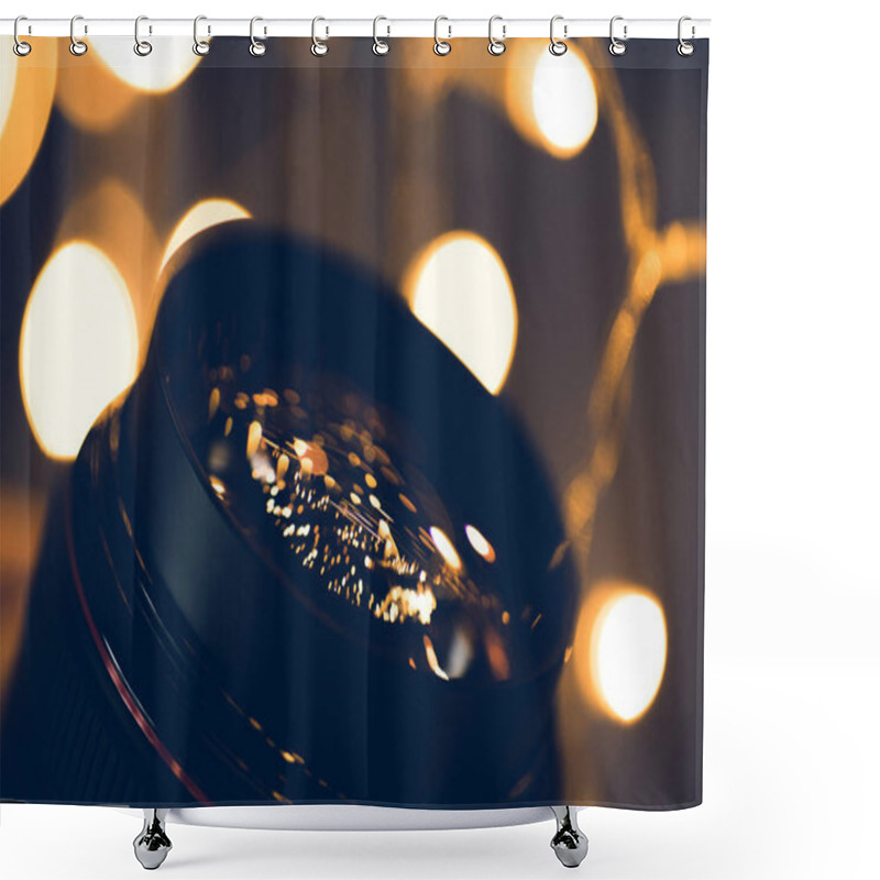 Personality  Close-up Shot Of Christmas Lights Reflecting In Glass Of Camera Lens Shower Curtains