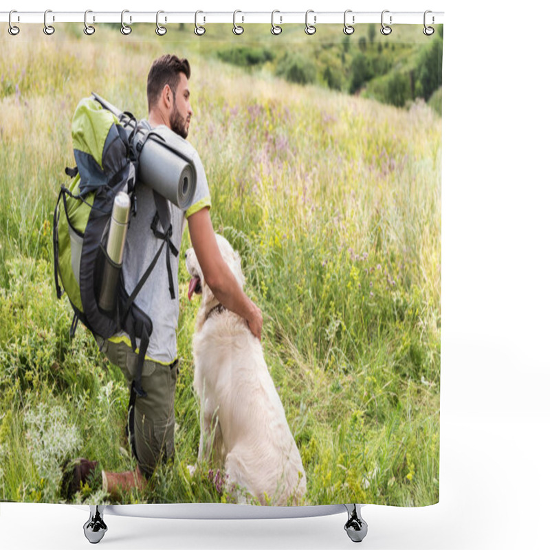 Personality  Male Tourist With Backpack And Dog Sitting On Summer Meadow Shower Curtains