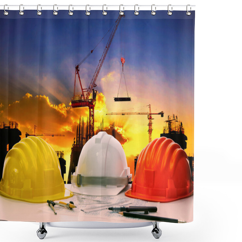 Personality  Safety Helmet On Civil Engineer Working Table Against Crane Lift Shower Curtains