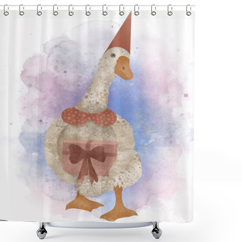 Personality  Watercolor Fairy Tale Illustration Of A Goose With A Gift On A Watercolor Background. New Year Or Christmas Illustration, Handmade Shower Curtains