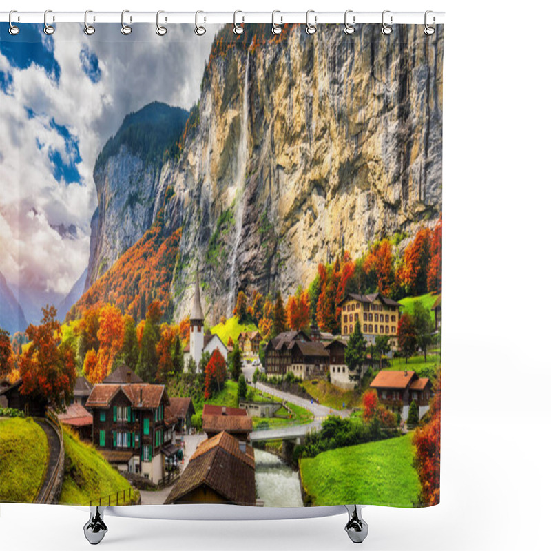 Personality  Captivating Autumn View Of Lauterbrunnen Valley With Gorgeous Staubbach Waterfall And Swiss Alps At Sunset Time. Lauterbrunnen Village With Autumn Red Foliage, Berner Oberland, Switzerland, Europe. Shower Curtains