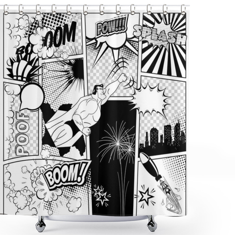 Personality  Set Of Comics Speech And Explosion Bubbles On A Book Page Background. Super Hero, Rocket, City Silhouette Firework Design Elements Shower Curtains