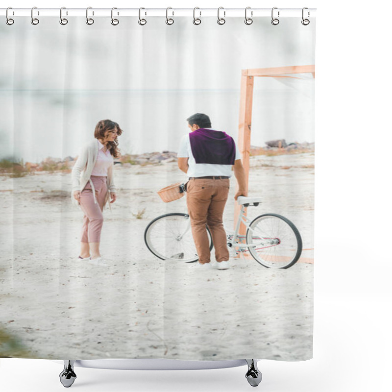 Personality  Couple With Retro Bicycle On Sandy Beach Shower Curtains