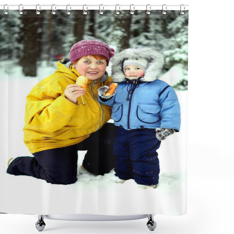 Personality  An Elderly Woman And Kid In Winter Forest Shower Curtains