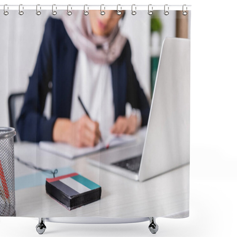 Personality  Selective Focus Of Digital Translator With Uae Flag Emblem Near Interpreter Working On Blurred Background, Cropped View Shower Curtains