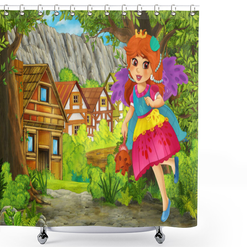 Personality  Cartoon Summer Scene With Path To The Farm Village With Prince And Princess Illustration For Children Shower Curtains