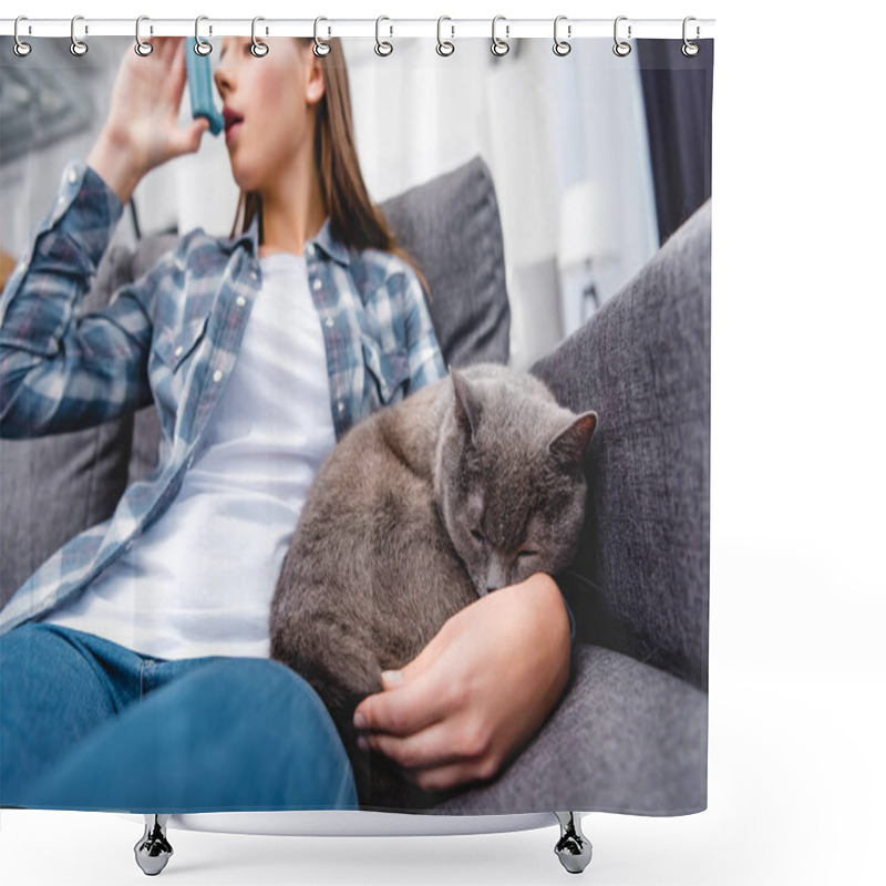 Personality  Low Angle View Of Woman Using Inhaler While Sitting With Cat On Sofa Shower Curtains