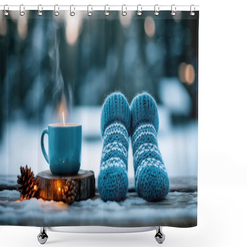 Personality  Cozy Knitted Socks Resting Beside Steaming Cup Of Hot Drink Create Warm And Inviting Atmosphere. Snowy Background Enhances Feeling Of Relaxation And Comfort. Shower Curtains