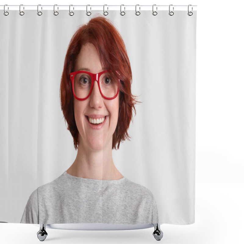 Personality  Close Up Shot Of Smiling Glad Woman With Short Hairstyle, Wears Red Rimed Spectacles, Dressed Casually, Isolated Over White Background, Expresses Positive Feelings. People And Beauty Concept. Shower Curtains