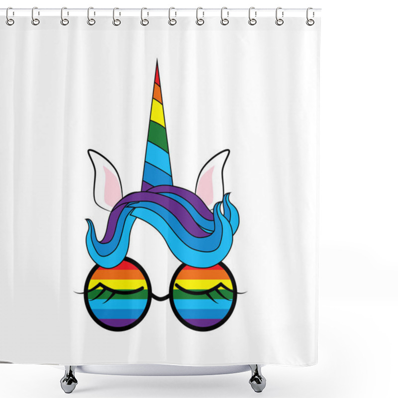 Personality  Illustration Of A Cute Unicorn Face In Sunglasses. Rainbow, Hearts Shower Curtains