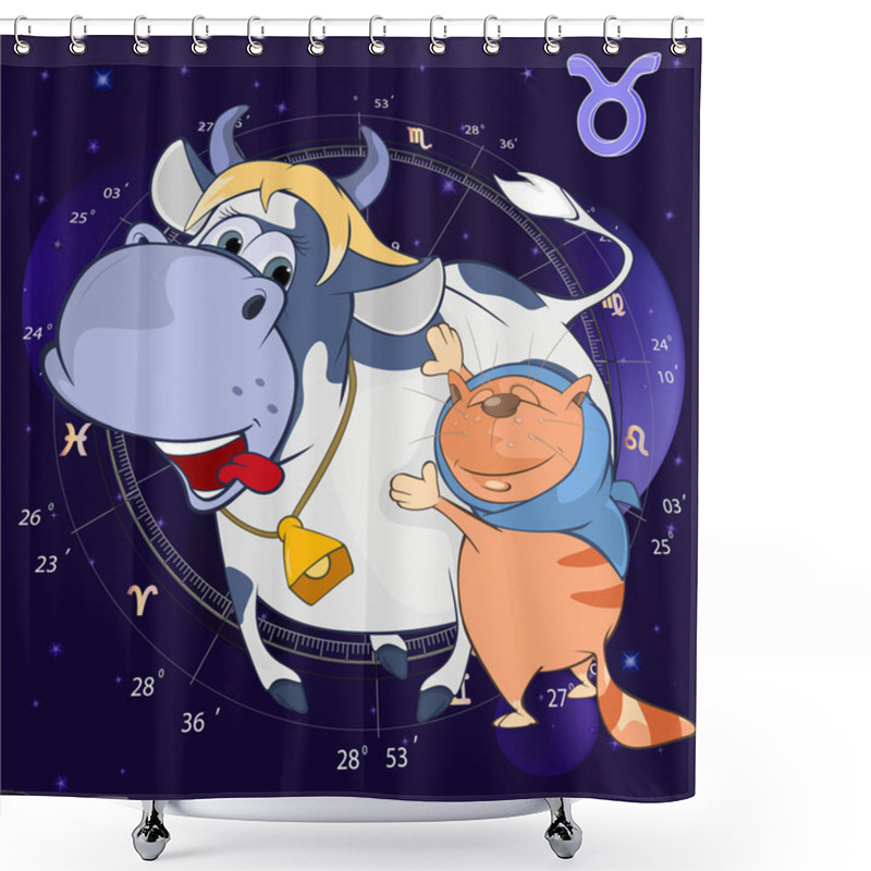 Personality  Cute Cartoon Cat And Funny Cow Over Horoscope Background, Vector Illustration  Shower Curtains