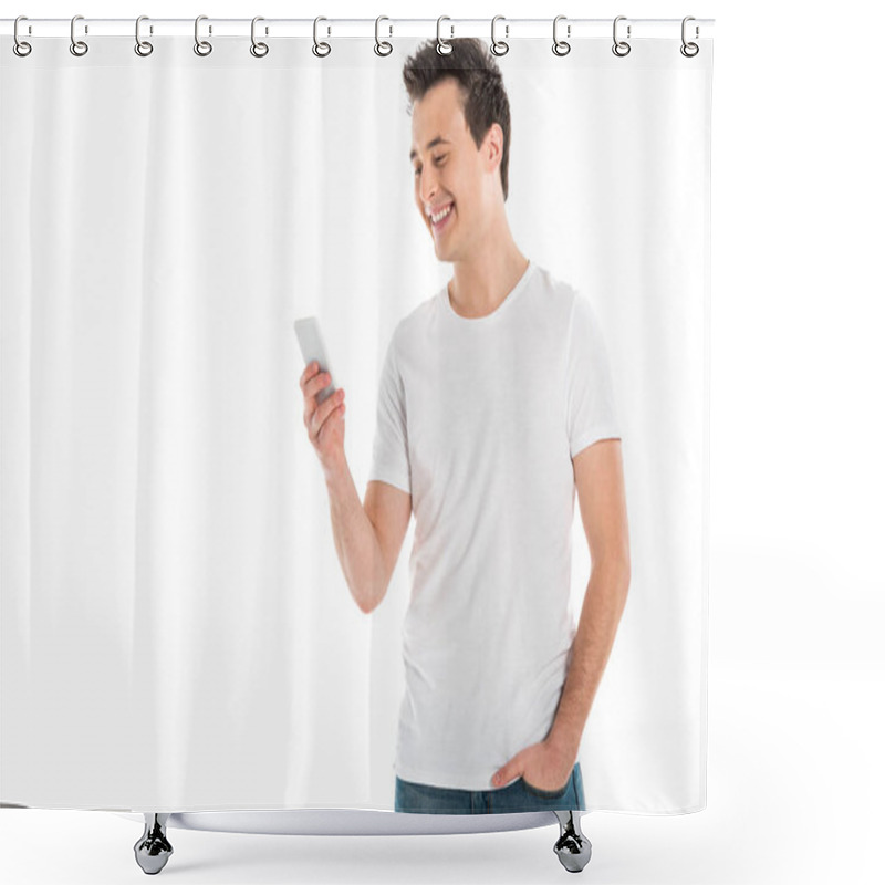 Personality  Cheerful Handsome Man Using Smartphone Isolated On White Shower Curtains