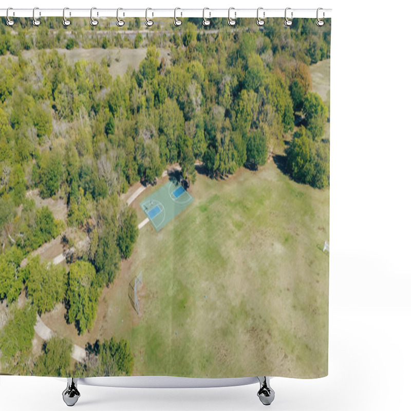 Personality  Soccer Fields And Basketball Courts In Suburban Community Outdoor Recreational Facility Sport Complex In Carrollton, Texas, Clean Concrete Walking Pathway Trail, Lush Greenery Trees, Aerial View. USA Shower Curtains