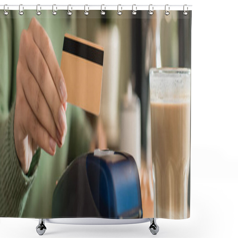 Personality  Glass Of Latte Near Credit Card In Hand Of African American Woman Paying On Blurred Background, Banner Shower Curtains