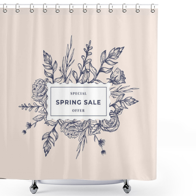 Personality  Spring Sale Abstract Botanical Label With Square Frame Floral Banner. Hand Drawn Rose And Peony Flowers, Leaves Sketches. Pastel Colors Special Offer Promo Advertising Layout. Shower Curtains