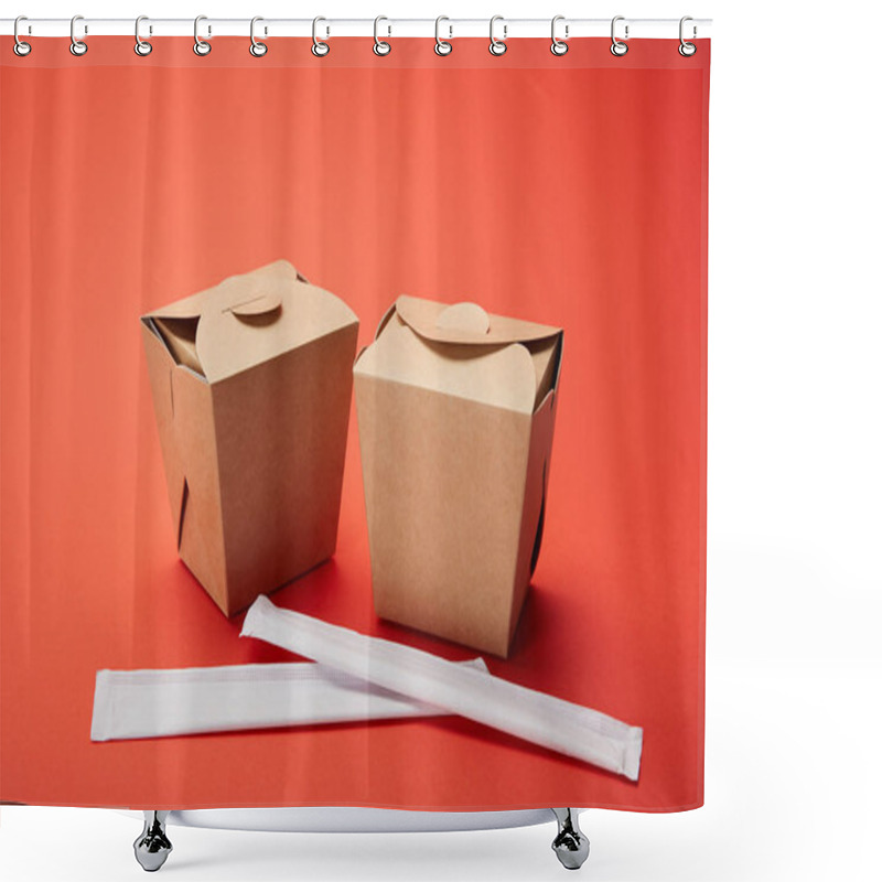 Personality  Close Up View Of Chopsticks And Noodle Boxes On Red, Minimalistic Concept  Shower Curtains